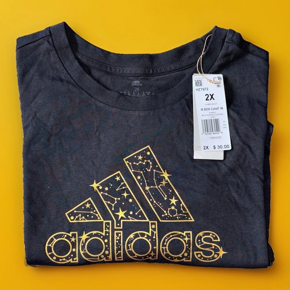 Adidas Badge Of Sport Gray & Gold Celestial Stars Logo T-Shirt Women's 2X NWT